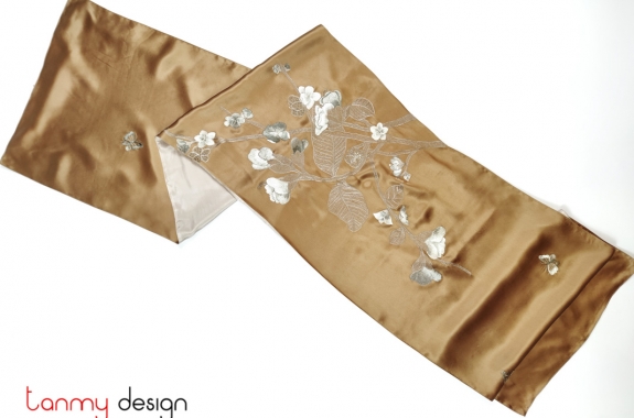 Brown silk scarf hand-embroidered with orchids 40*200 cm